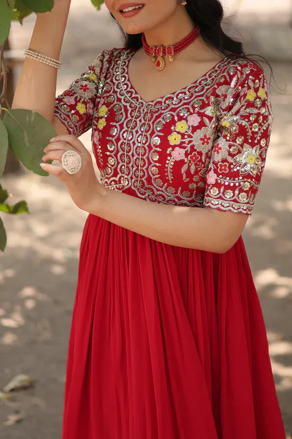Attractive Red Color Gown in Faux Blooming With Sequins Embroidery Work