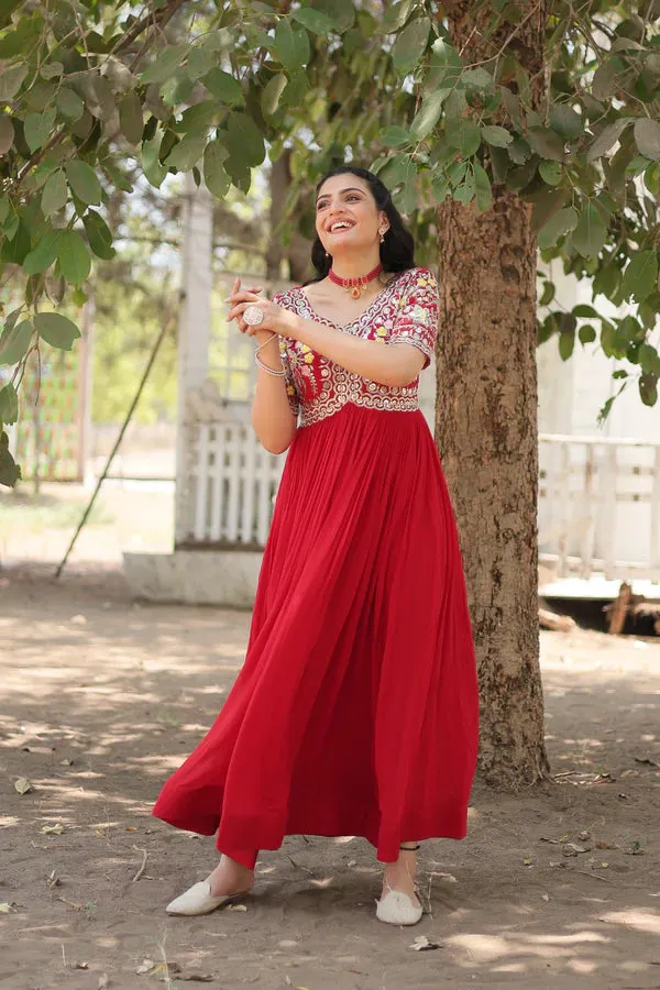 Attractive Red Color Gown in Faux Blooming With Sequins Embroidery Work