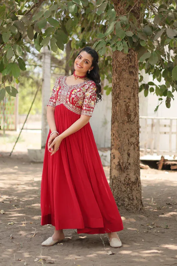 Attractive Red Color Gown in Faux Blooming With Sequins Embroidery Work