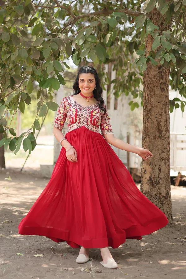 Attractive Red Color Gown in Faux Blooming With Sequins Embroidery Work