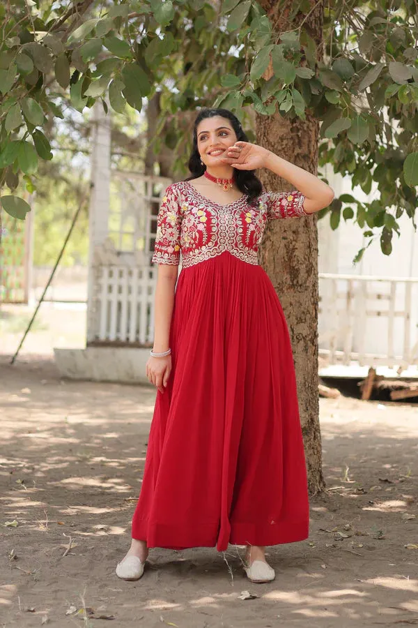 Attractive Red Color Gown in Faux Blooming With Sequins Embroidery Work