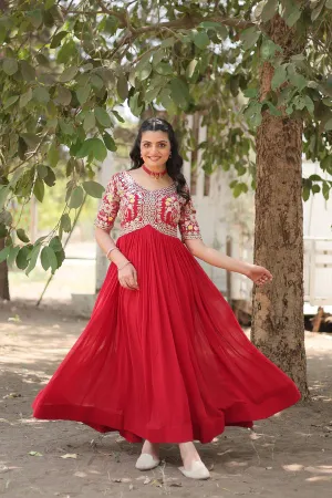 Attractive Red Color Gown in Faux Blooming With Sequins Embroidery Work