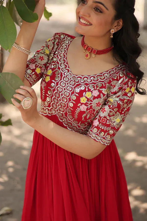 Attractive Red Color Gown in Faux Blooming With Sequins Embroidery Work