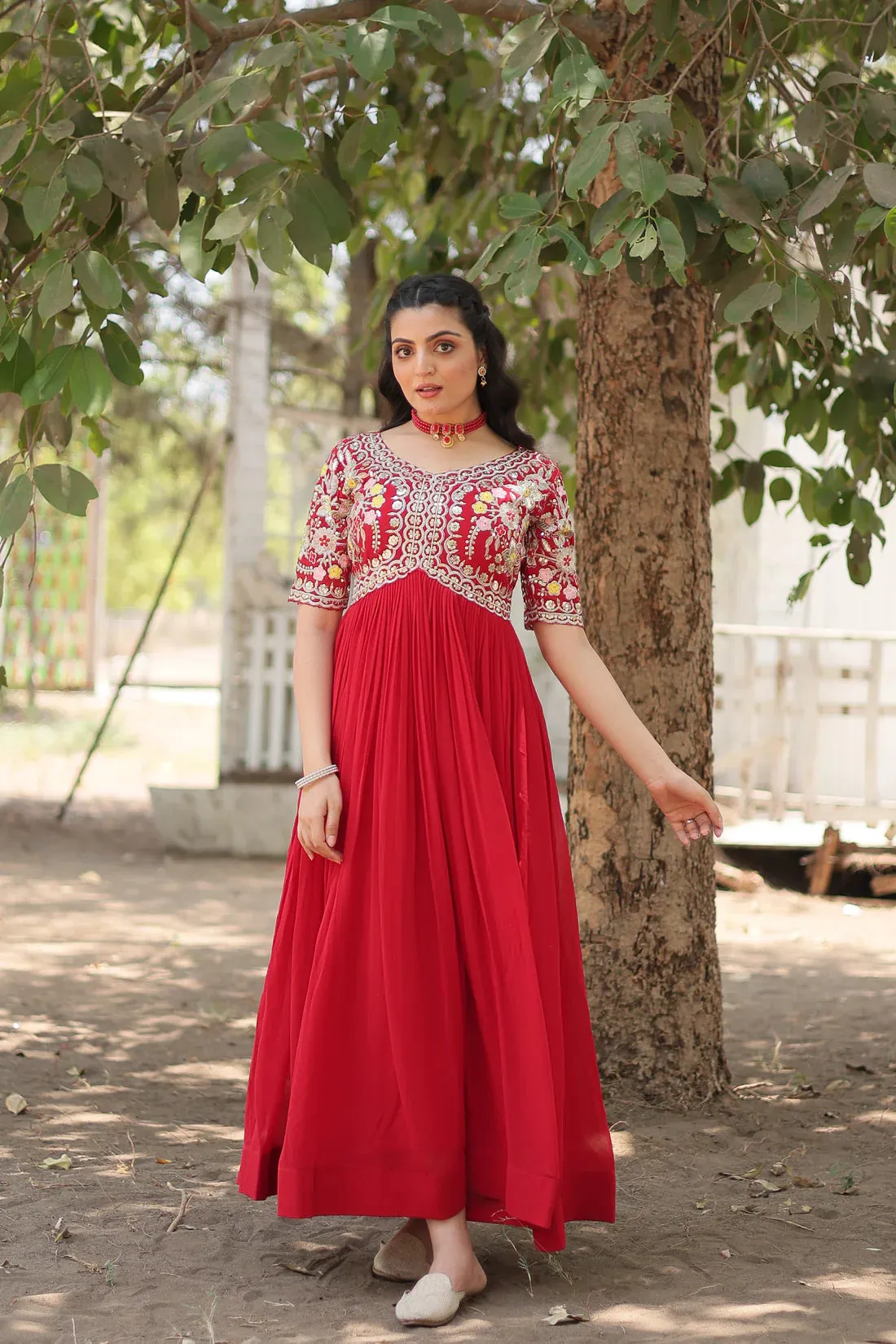 Attractive Red Color Gown in Faux Blooming With Sequins Embroidery Work