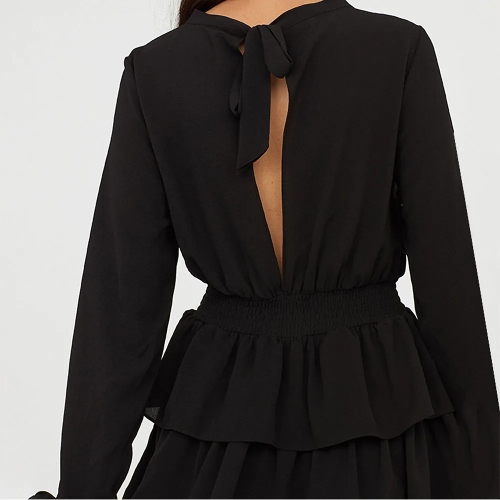 Autumn and Winter Women's Skirt Black Sexy Halter Ruffled Dress