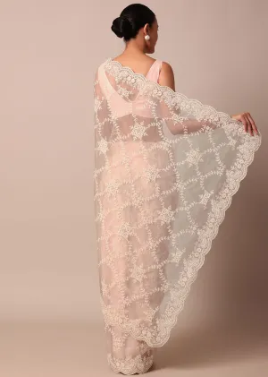 Baby Pink Chikankari Organza Silk Saree With Scallop Border