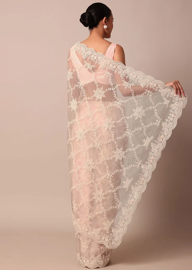 Baby Pink Chikankari Organza Silk Saree With Scallop Border