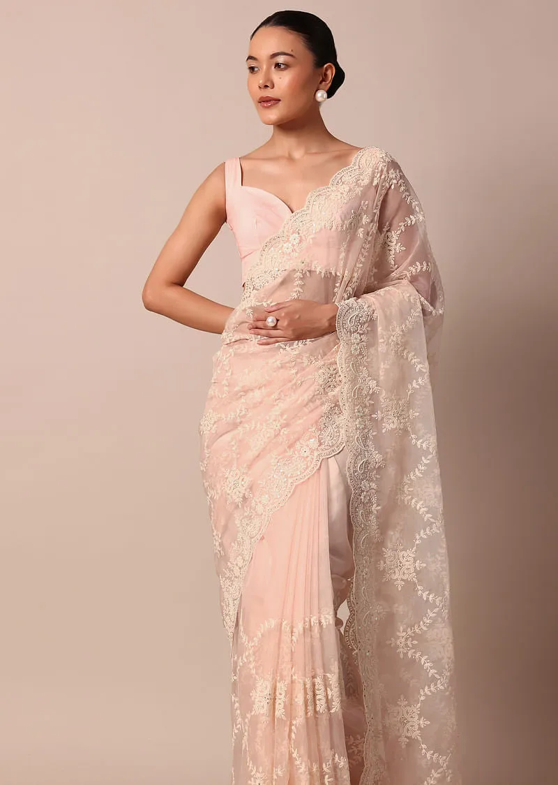 Baby Pink Chikankari Organza Silk Saree With Scallop Border