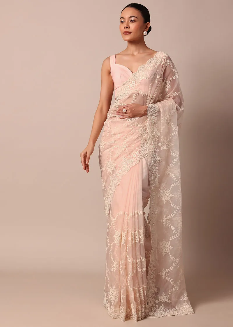 Baby Pink Chikankari Organza Silk Saree With Scallop Border