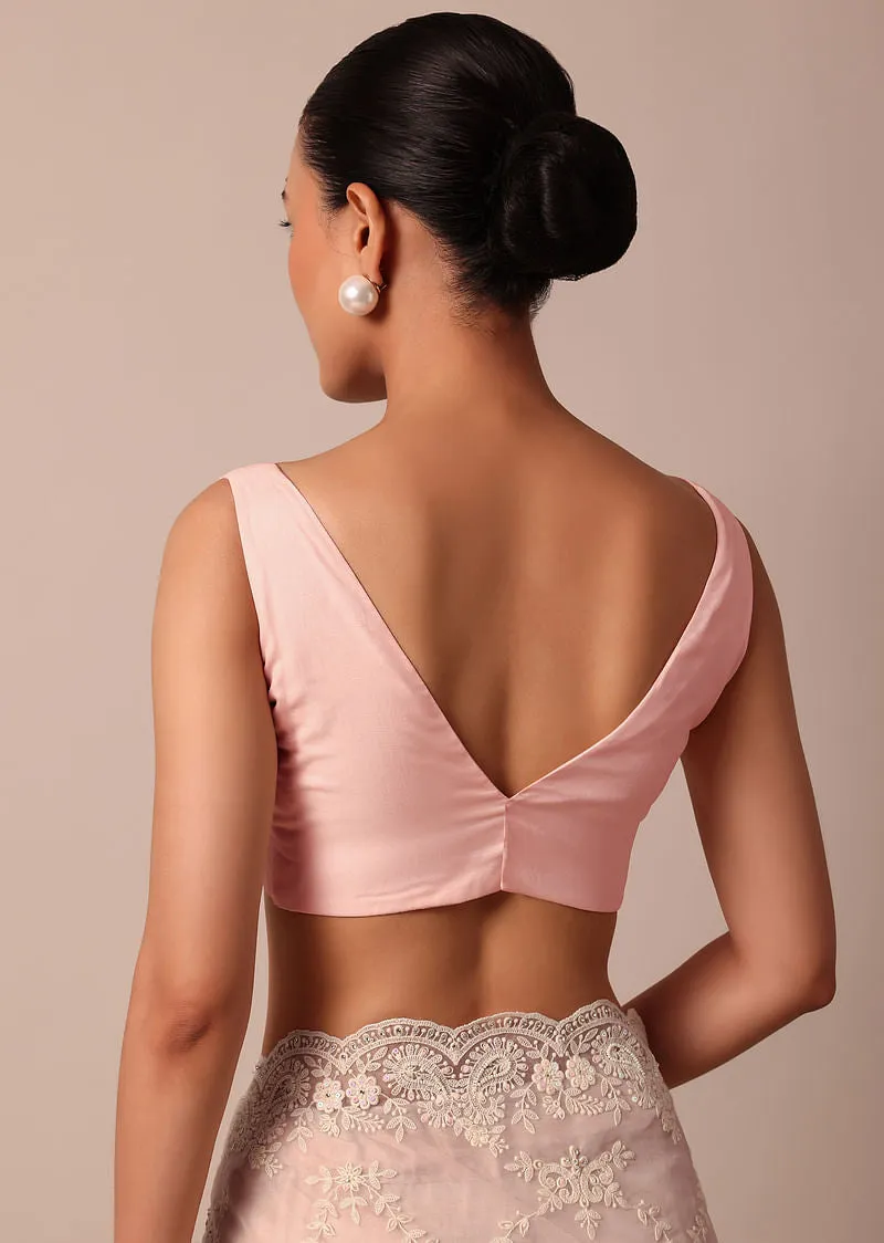 Baby Pink Chikankari Organza Silk Saree With Scallop Border