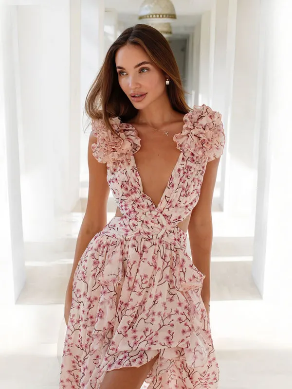 Backless Floral Dress with Deep V-Neck and Ruffled Hemline
