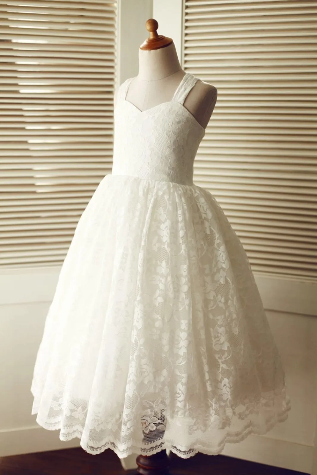 Backless Ivory Lace Straps Wedding Flower Girl Dress