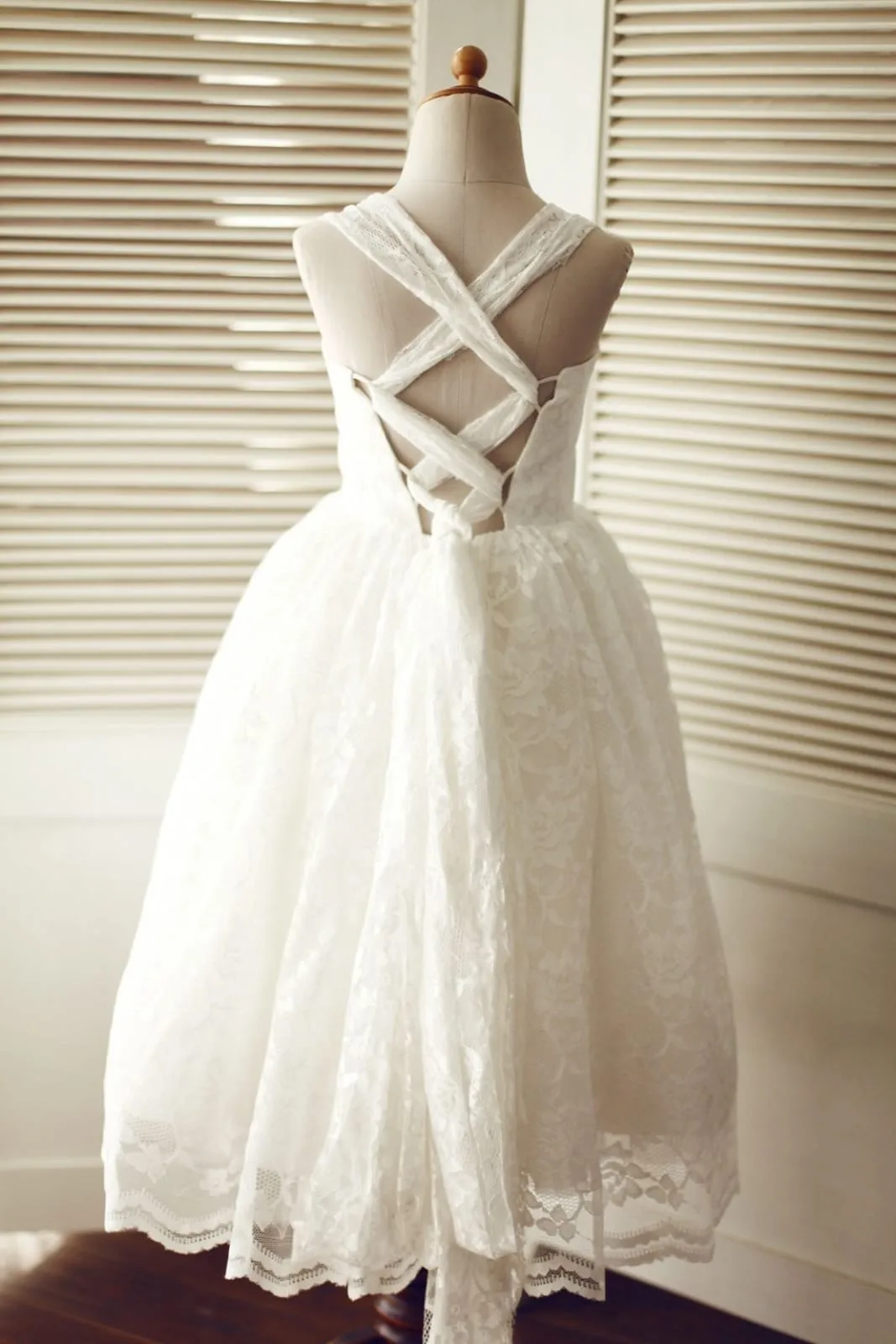 Backless Ivory Lace Straps Wedding Flower Girl Dress