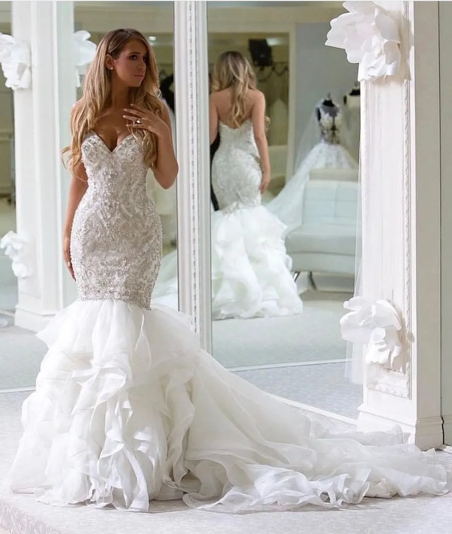 Backless Ruffled Train Mermaid Wedding Gowns with Beaded Bodice