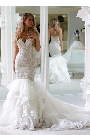 Backless Ruffled Train Mermaid Wedding Gowns with Beaded Bodice