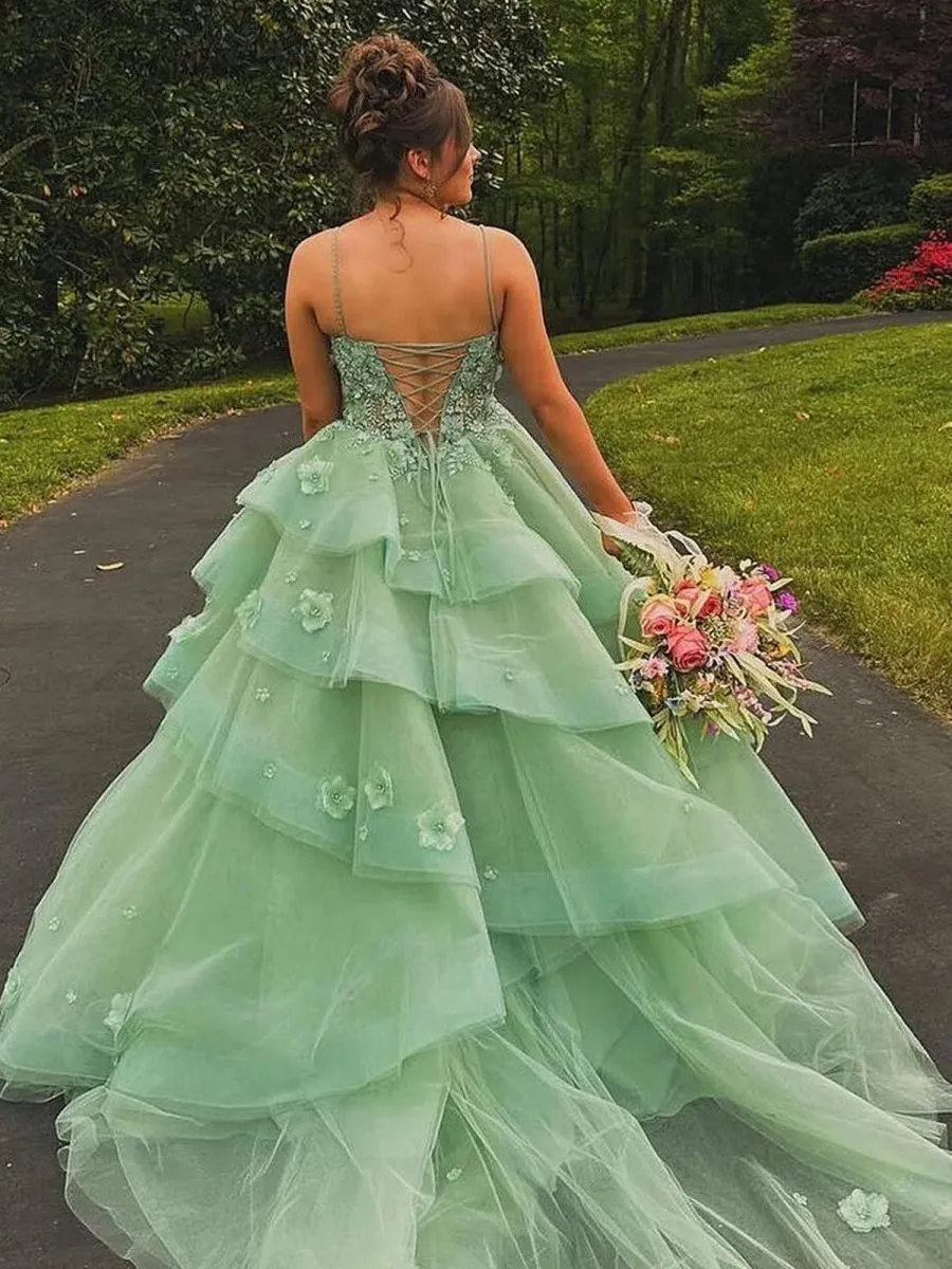 Ball Gown Sweetheart Sage Tulle Long Prom Dresses with Appliques