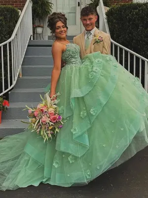 Ball Gown Sweetheart Sage Tulle Long Prom Dresses with Appliques