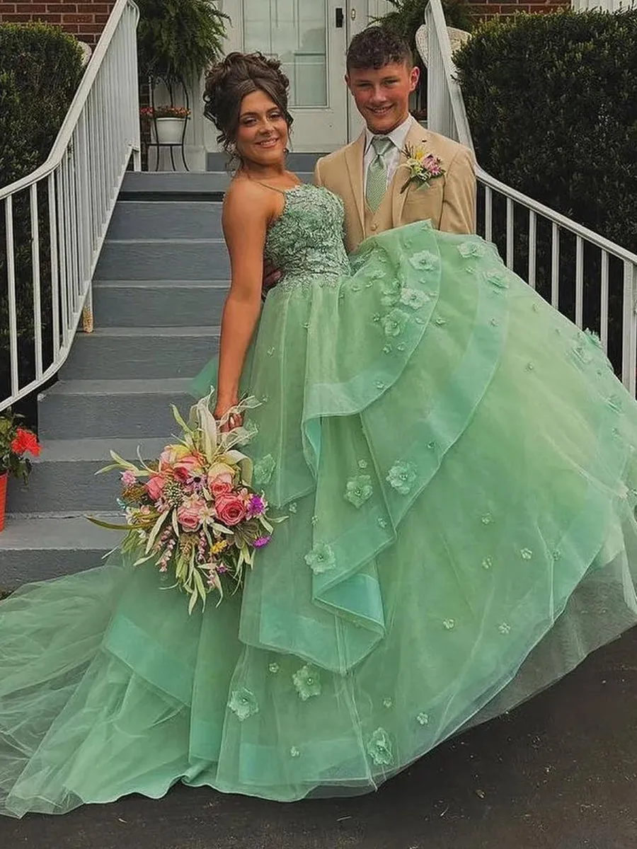 Ball Gown Sweetheart Sage Tulle Long Prom Dresses with Appliques
