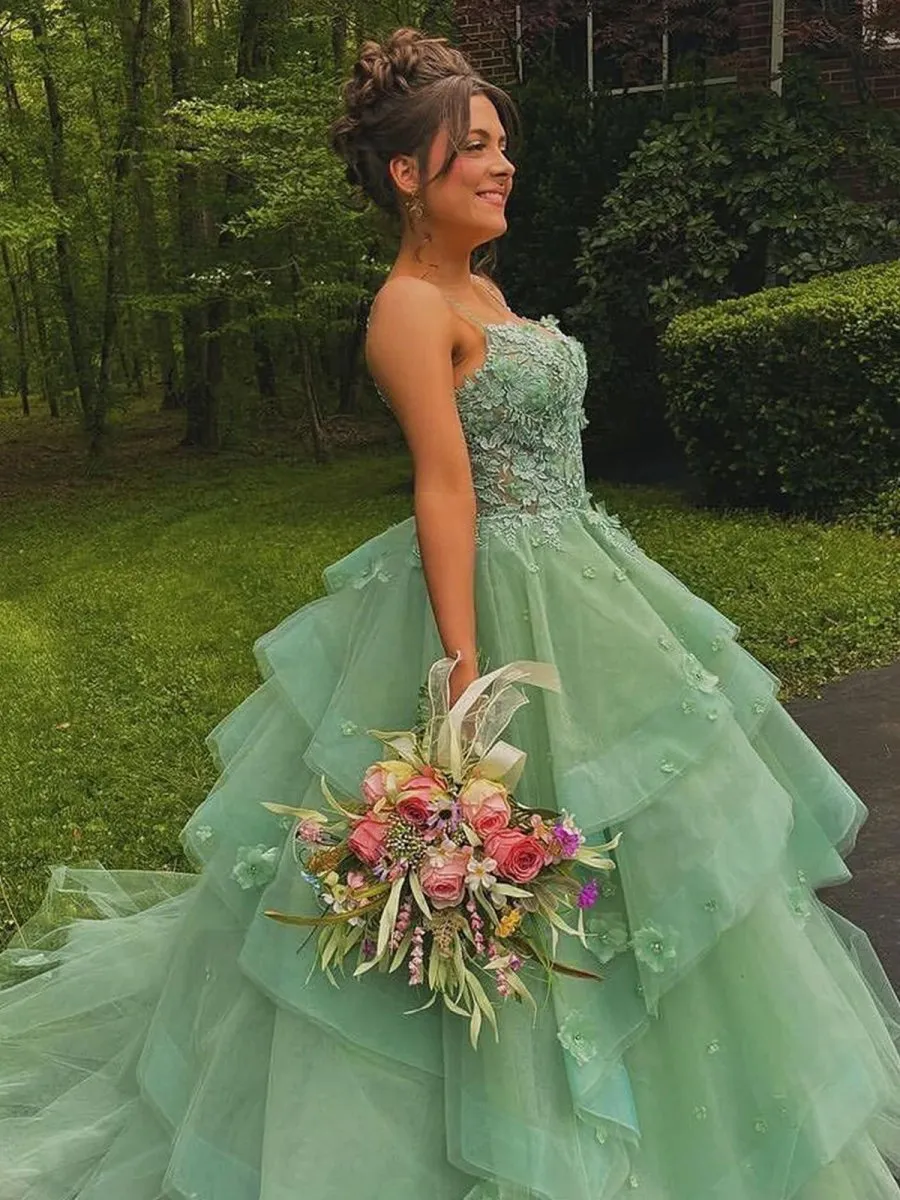 Ball Gown Sweetheart Sage Tulle Long Prom Dresses with Appliques