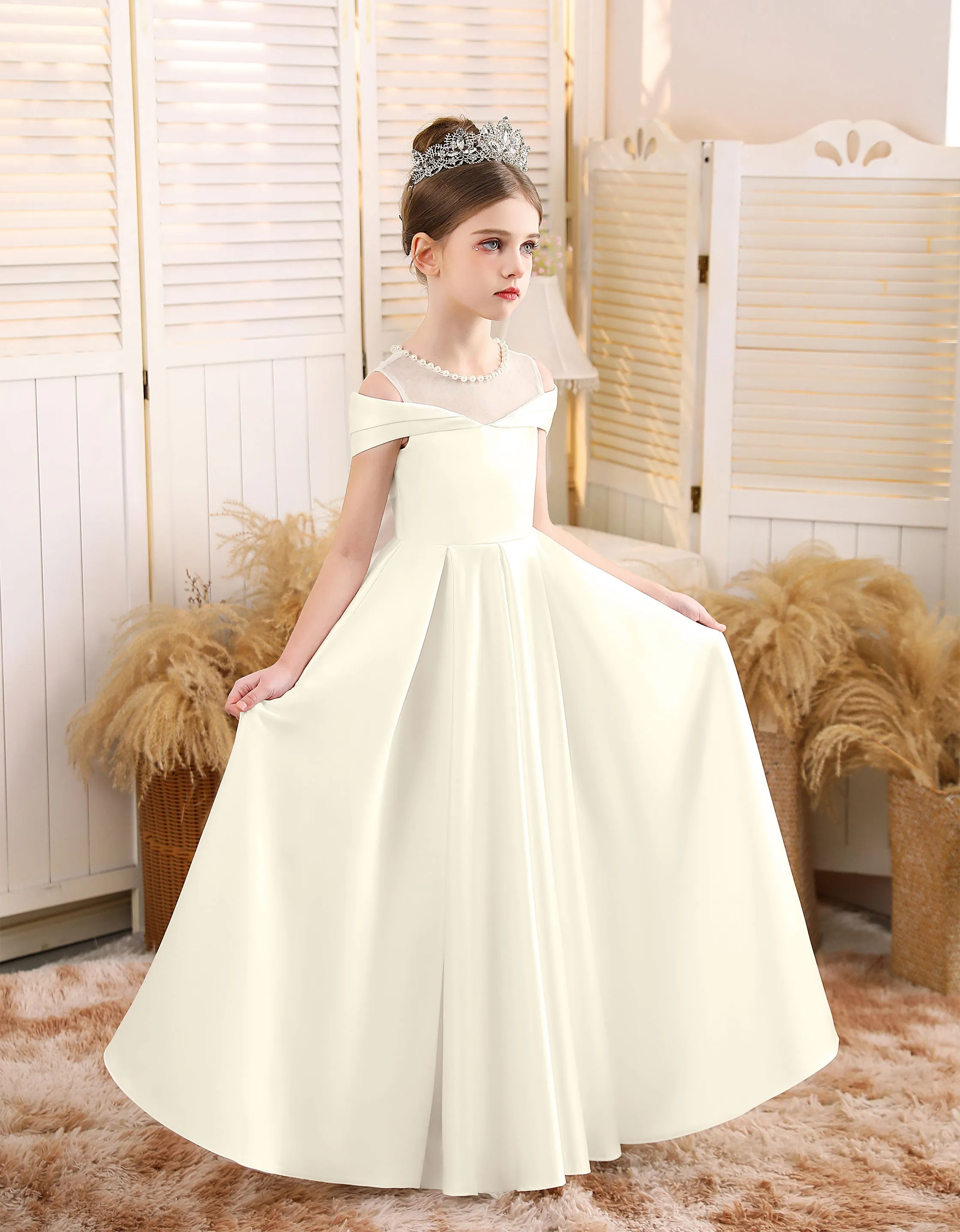 Ball-Gown/Princess Scoop Floor-Length Satin/Tulle Flower Girl Dress With Bow/Beading