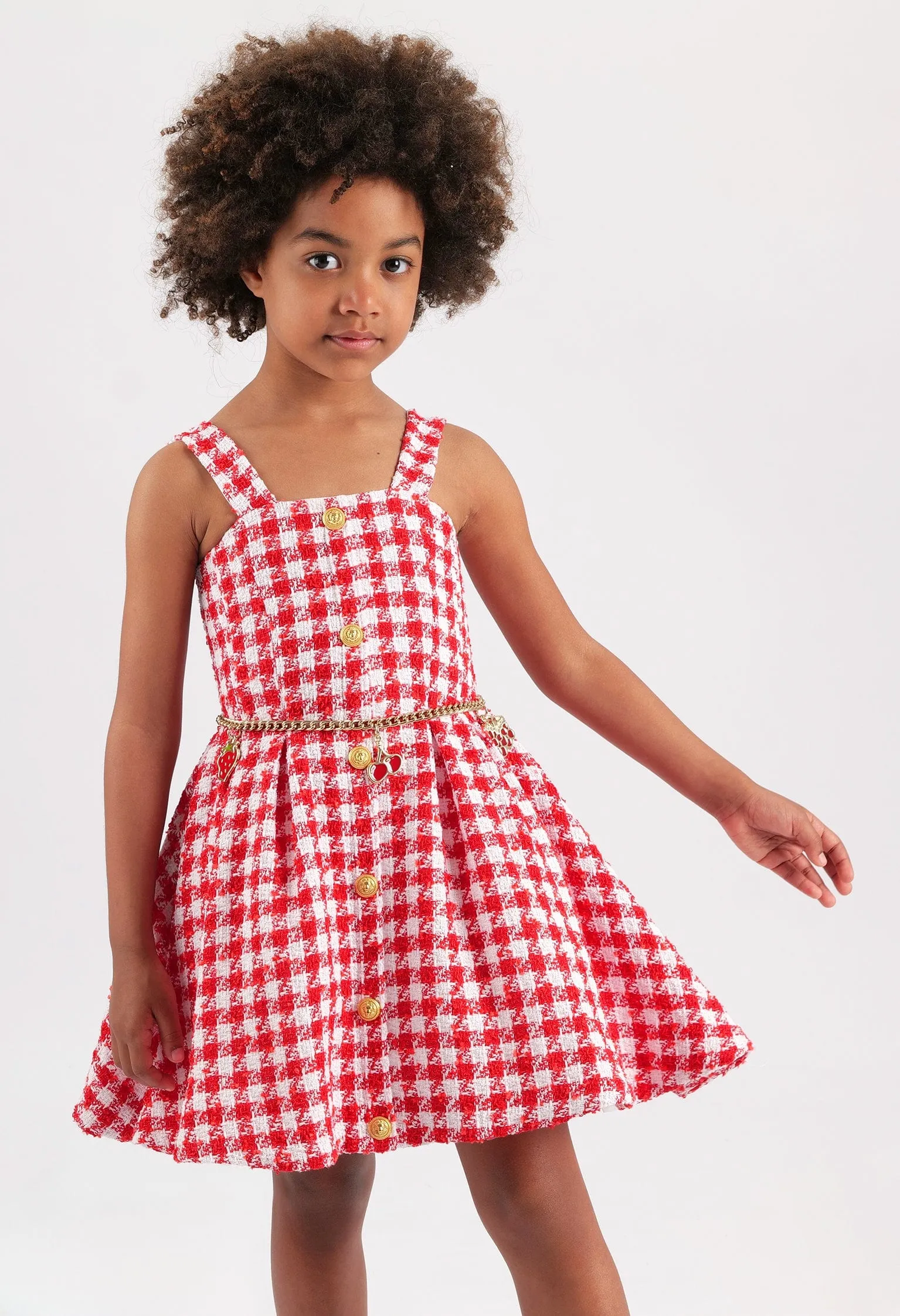 Balmain Girls Checked Tweed Dress in Red