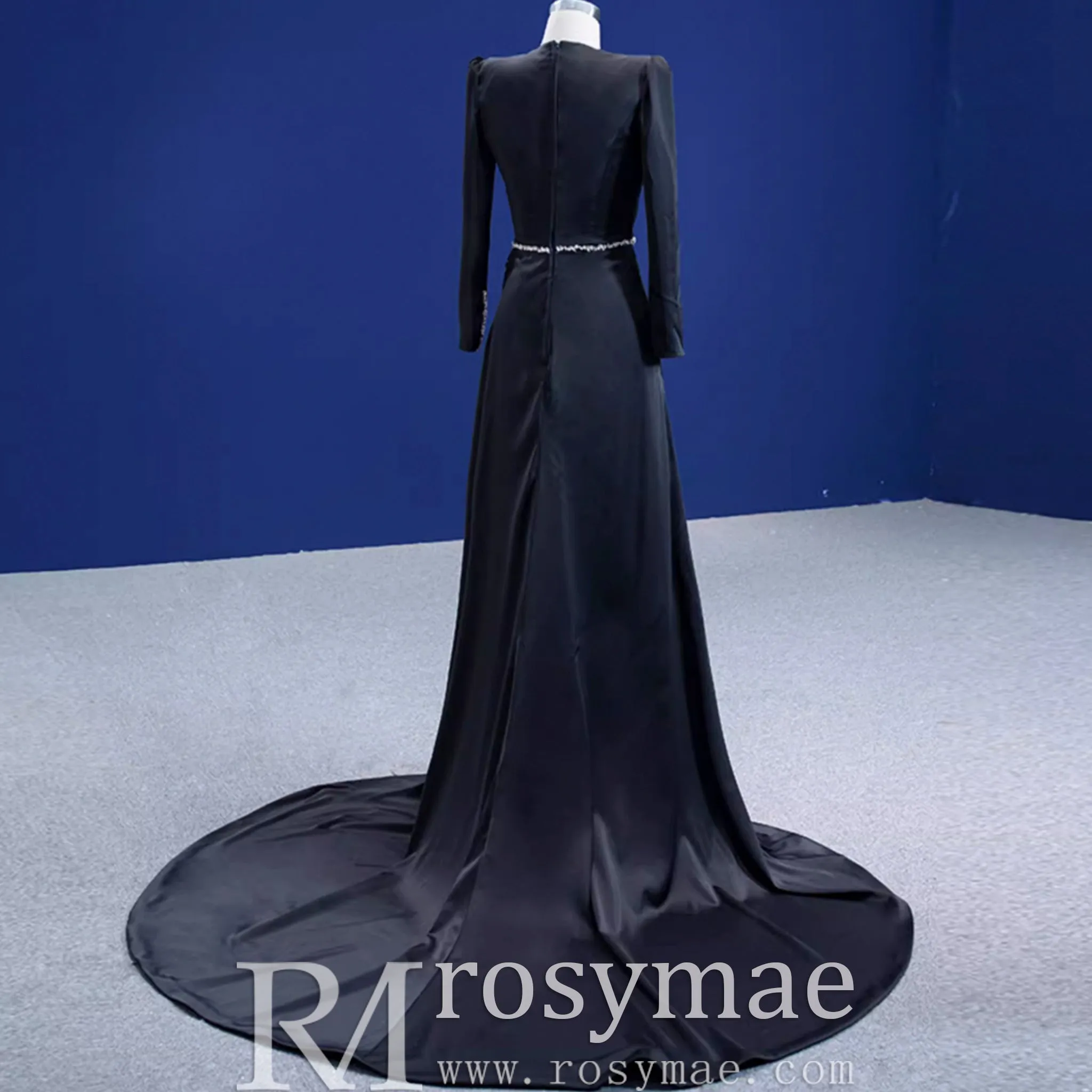 Beaded Black Satin Sheath Formal Prom Dress with Long Sleeve
