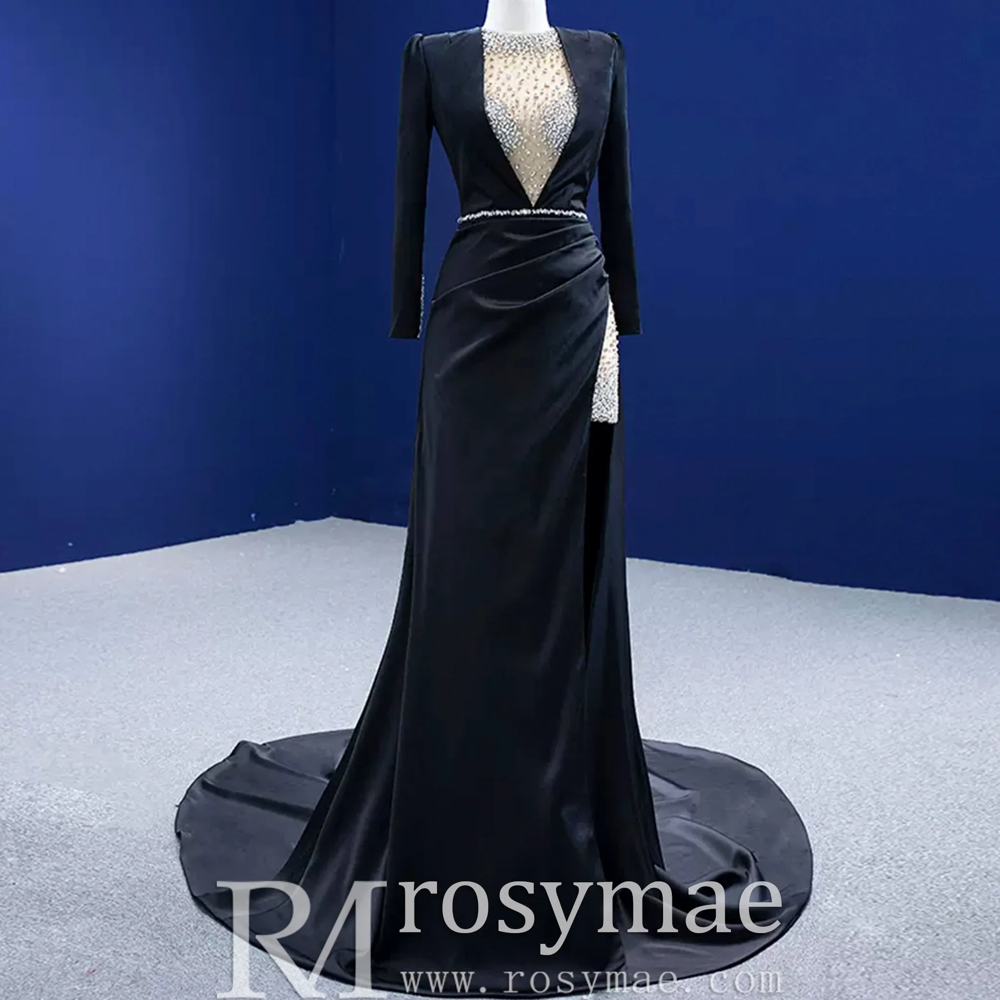 Beaded Black Satin Sheath Formal Prom Dress with Long Sleeve