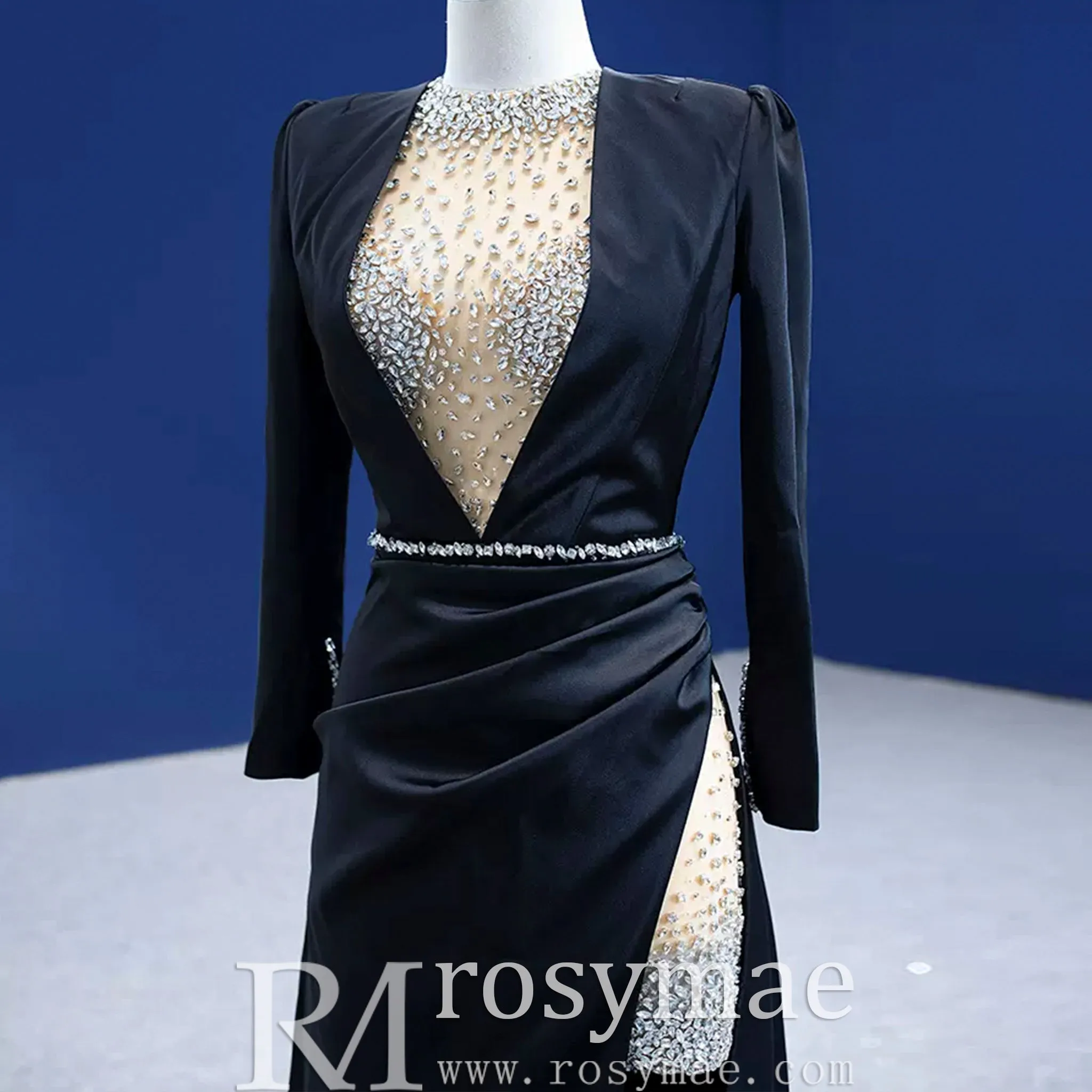 Beaded Black Satin Sheath Formal Prom Dress with Long Sleeve
