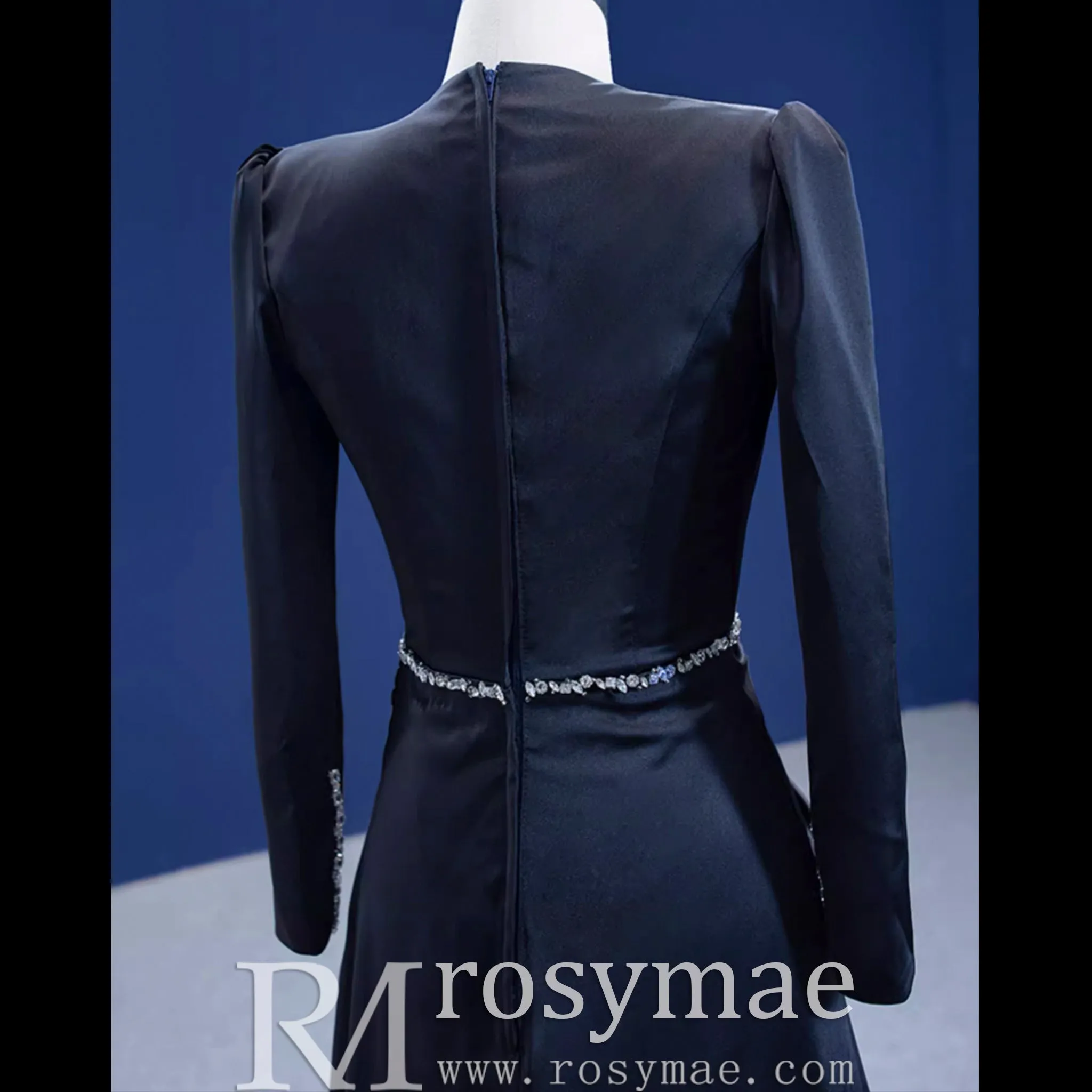 Beaded Black Satin Sheath Formal Prom Dress with Long Sleeve