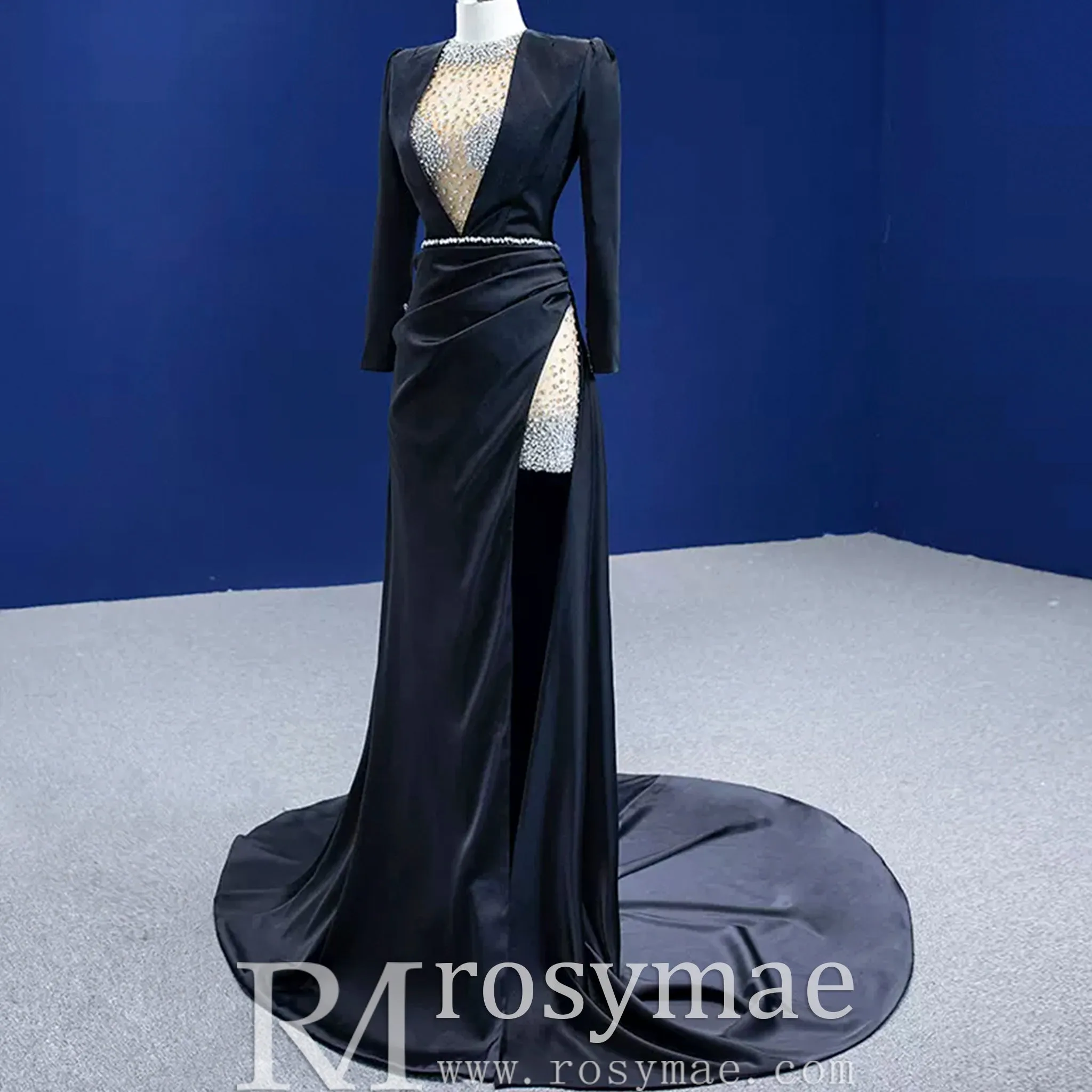 Beaded Black Satin Sheath Formal Prom Dress with Long Sleeve