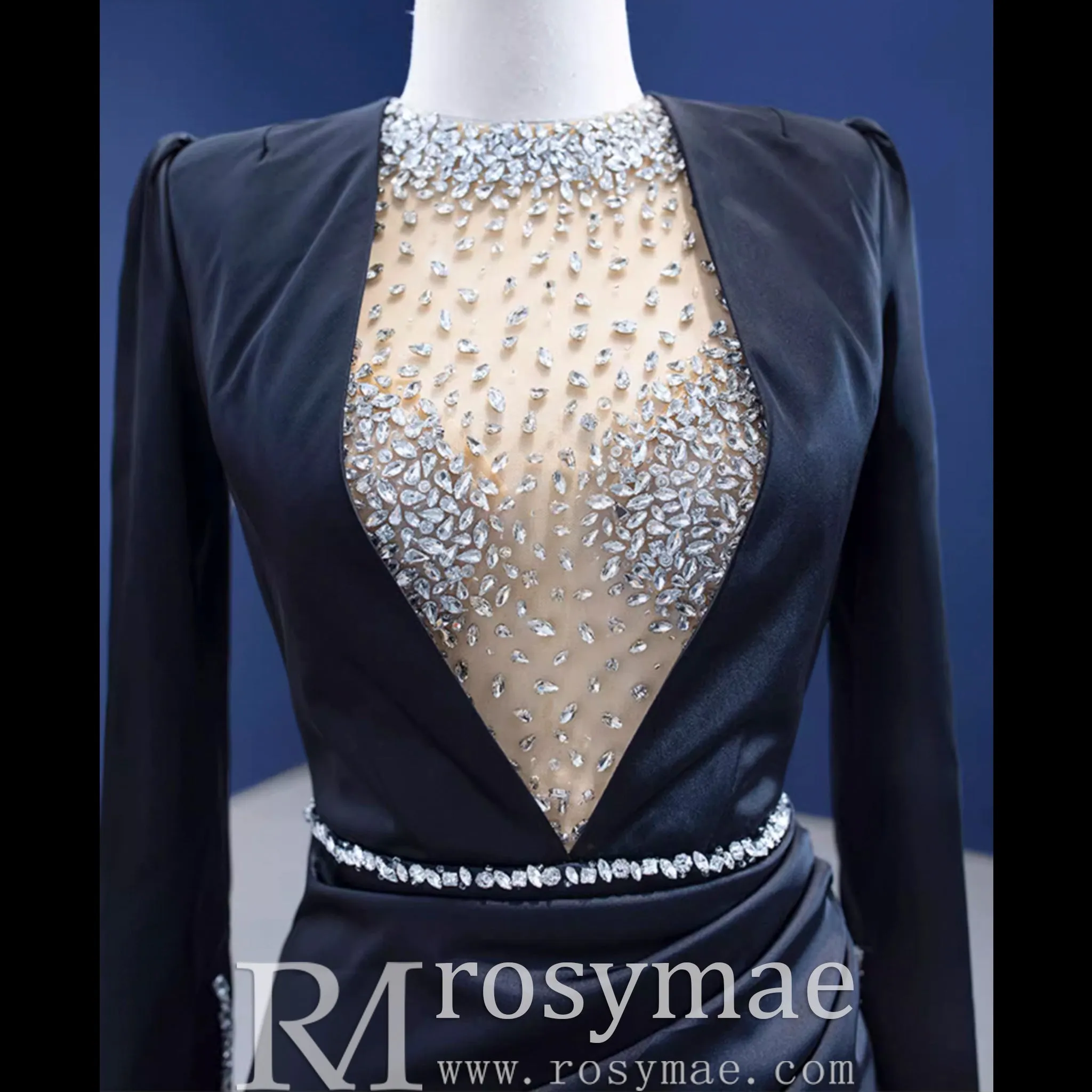 Beaded Black Satin Sheath Formal Prom Dress with Long Sleeve
