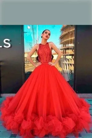 Beaded Bodice Red Prom Dresses Tulle Skirt Ruffled Hem