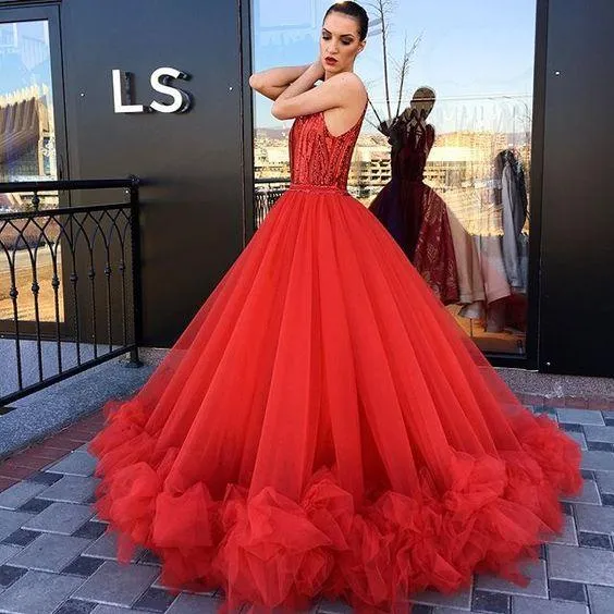 Beaded Bodice Red Prom Dresses Tulle Skirt Ruffled Hem