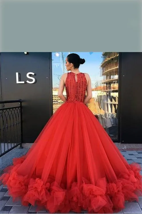 Beaded Bodice Red Prom Dresses Tulle Skirt Ruffled Hem