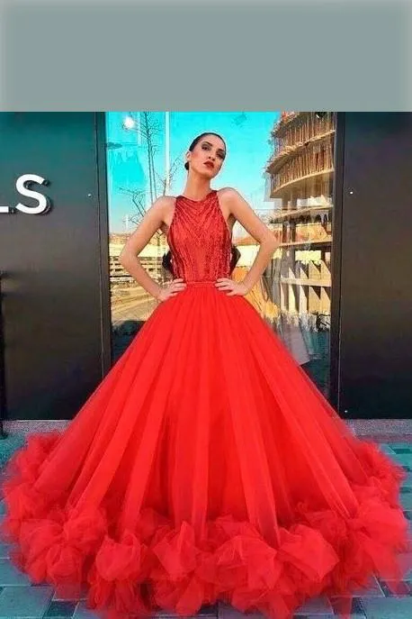 Beaded Bodice Red Prom Dresses Tulle Skirt Ruffled Hem