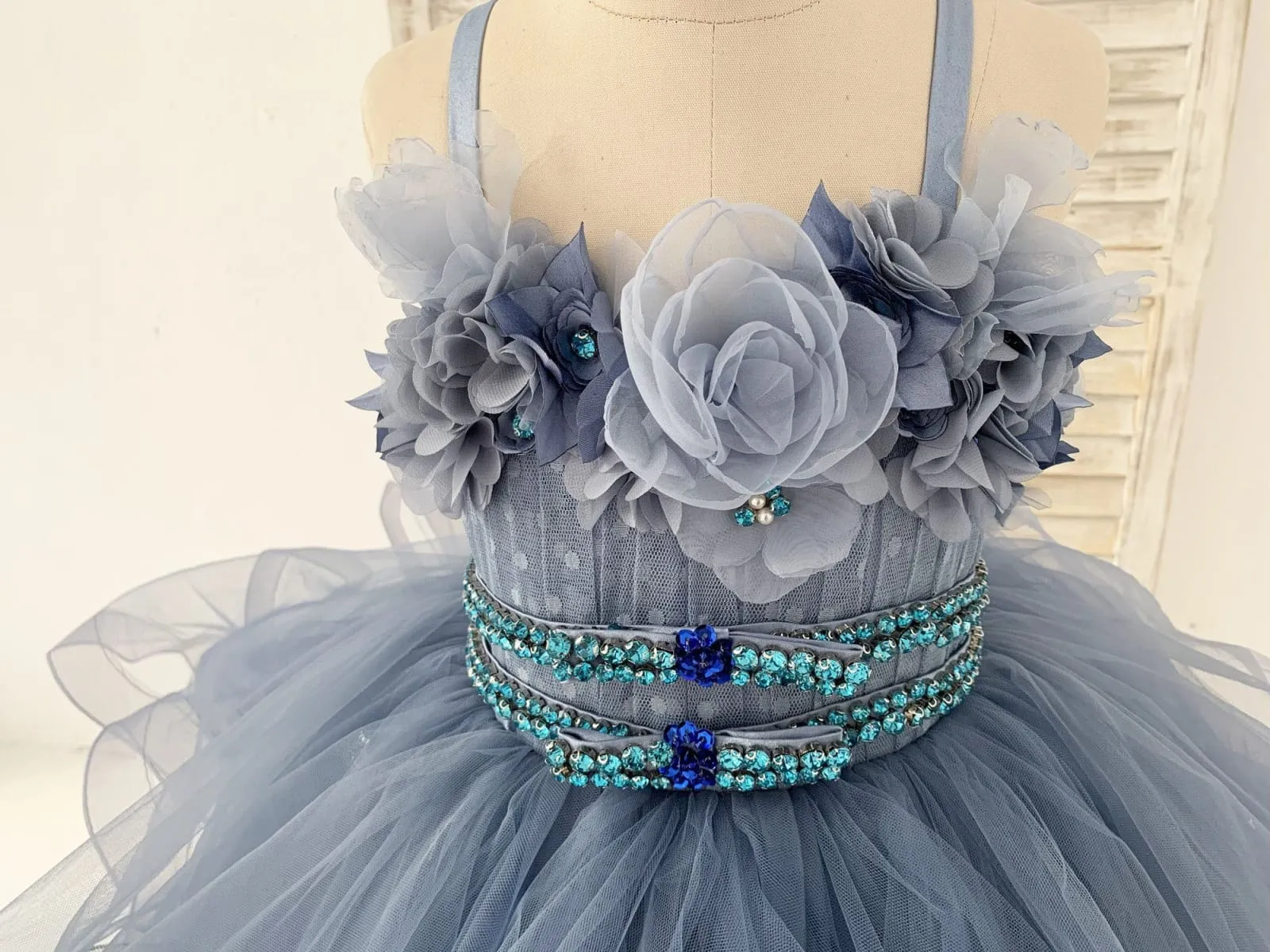 Beaded Dusty Blue Polka Dots Tulle Straps Wedding Flower Girl Dress Kids Party Dress