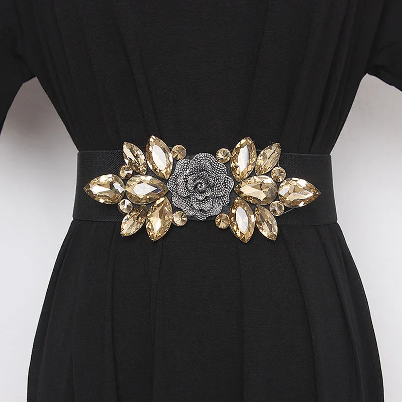 Beaded Elastic Flower Cummerbunds Wide Belt