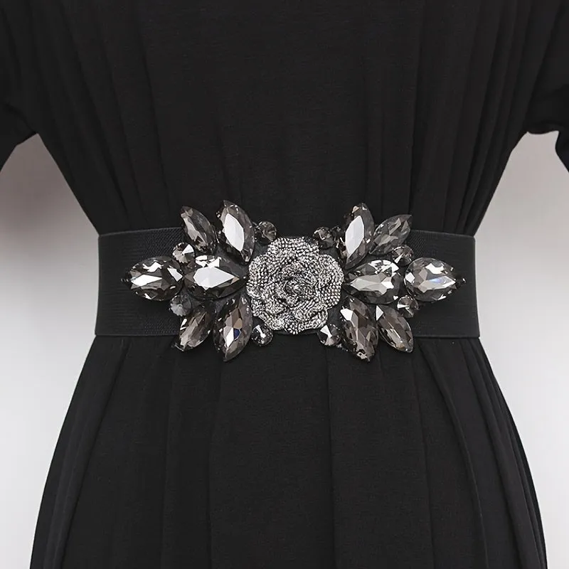 Beaded Elastic Flower Cummerbunds Wide Belt