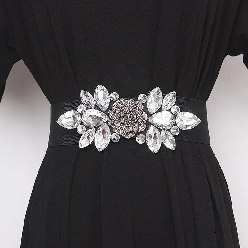 Beaded Elastic Flower Cummerbunds Wide Belt