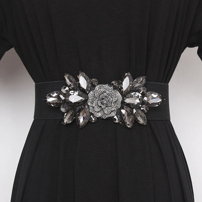 Beaded Elastic Flower Cummerbunds Wide Belt