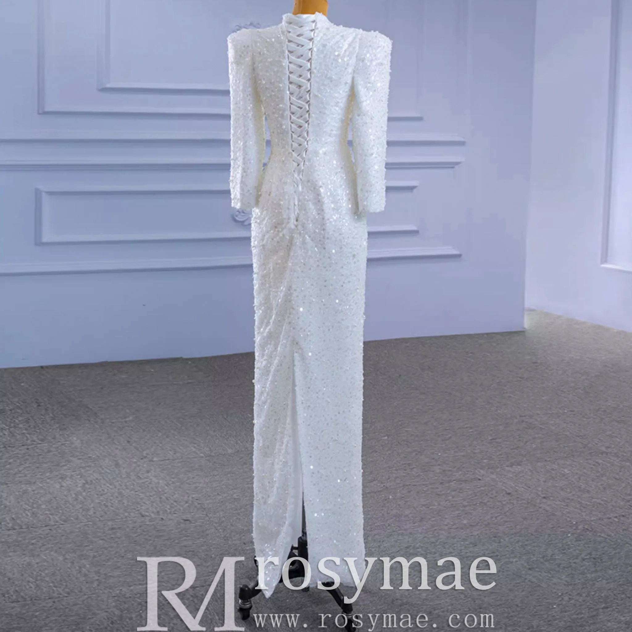 Beaded High Neck Sheath Wedding Dress with Long Sleeves