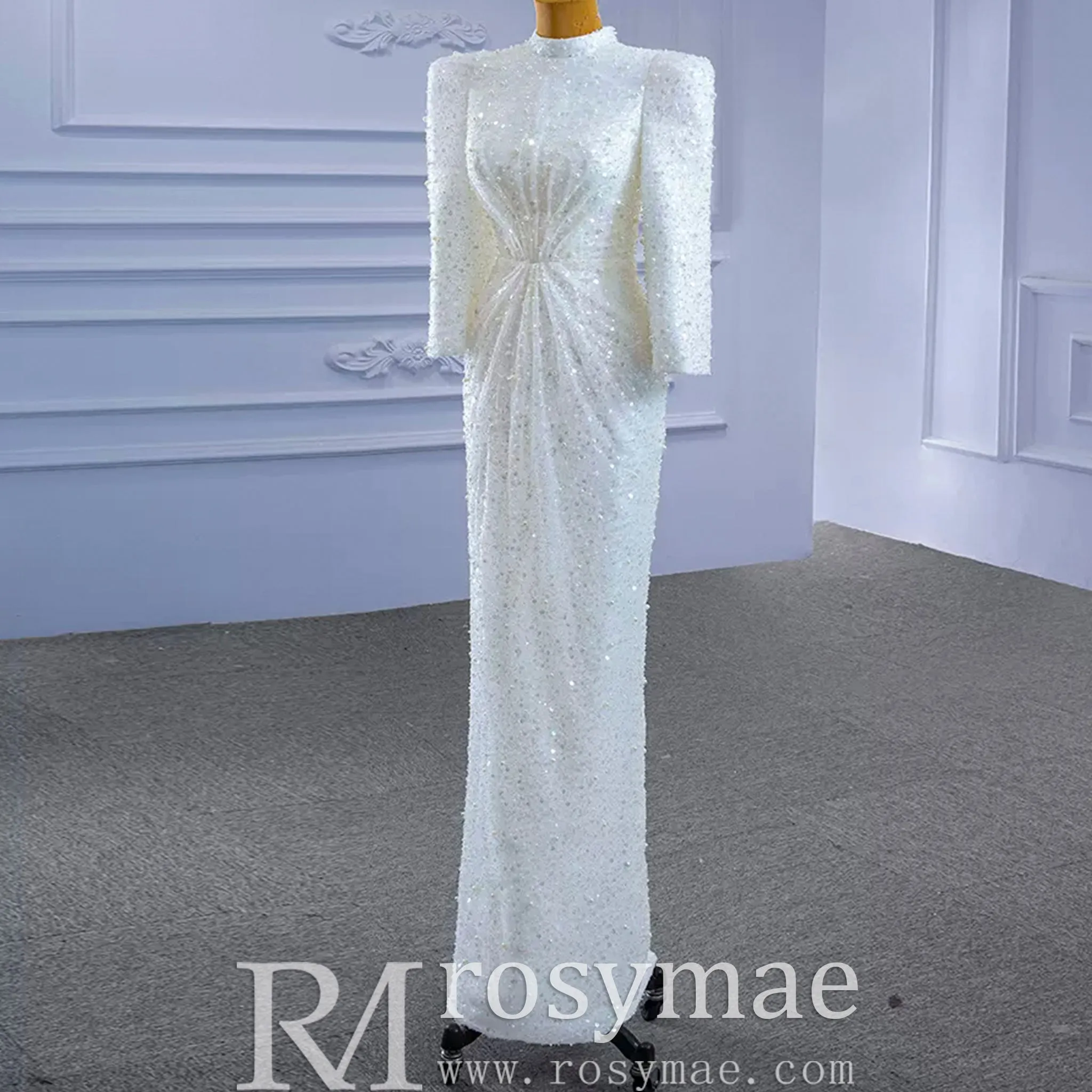 Beaded High Neck Sheath Wedding Dress with Long Sleeves