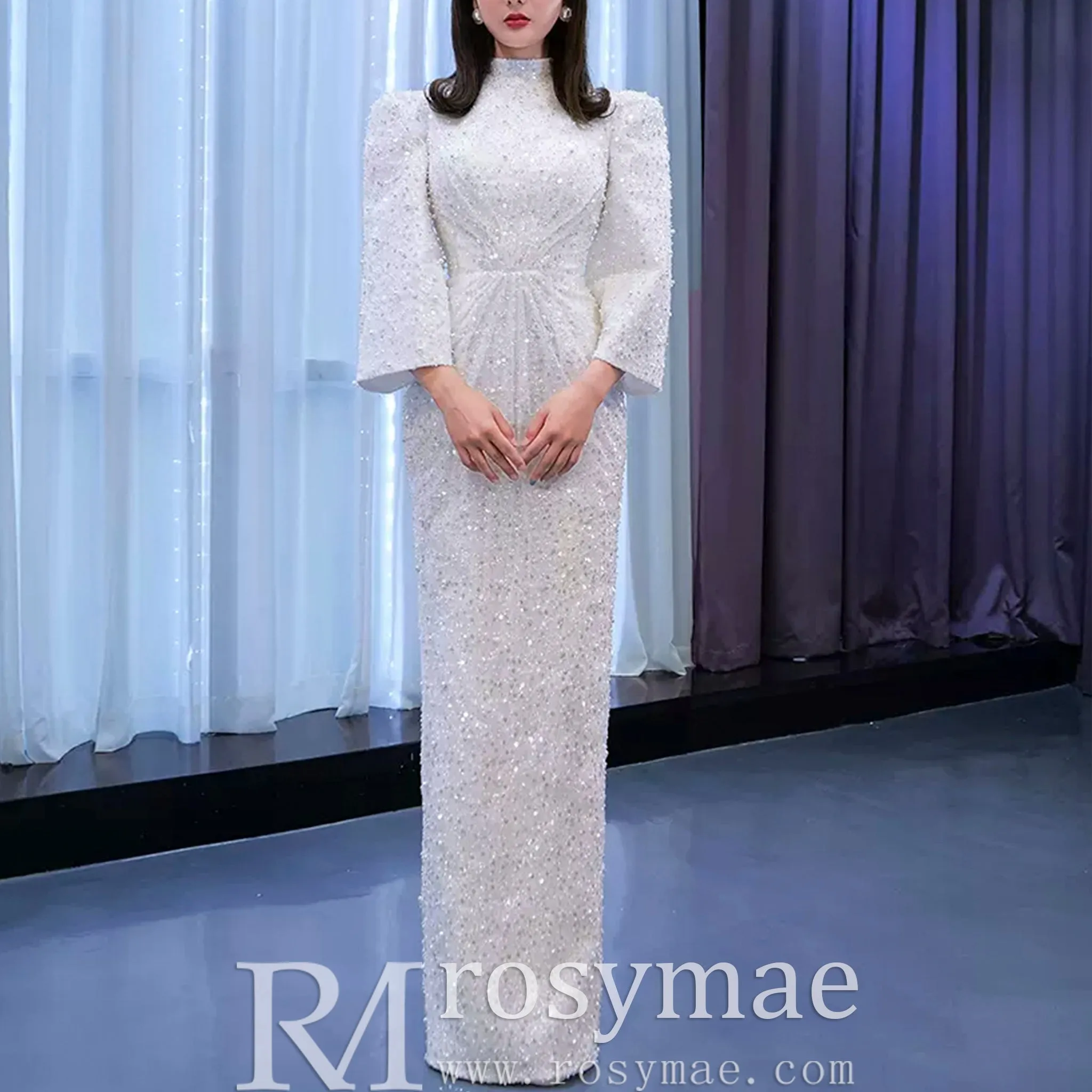 Beaded High Neck Sheath Wedding Dress with Long Sleeves