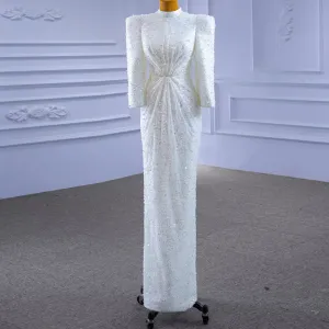 Beaded High Neck Sheath Wedding Dress with Long Sleeves