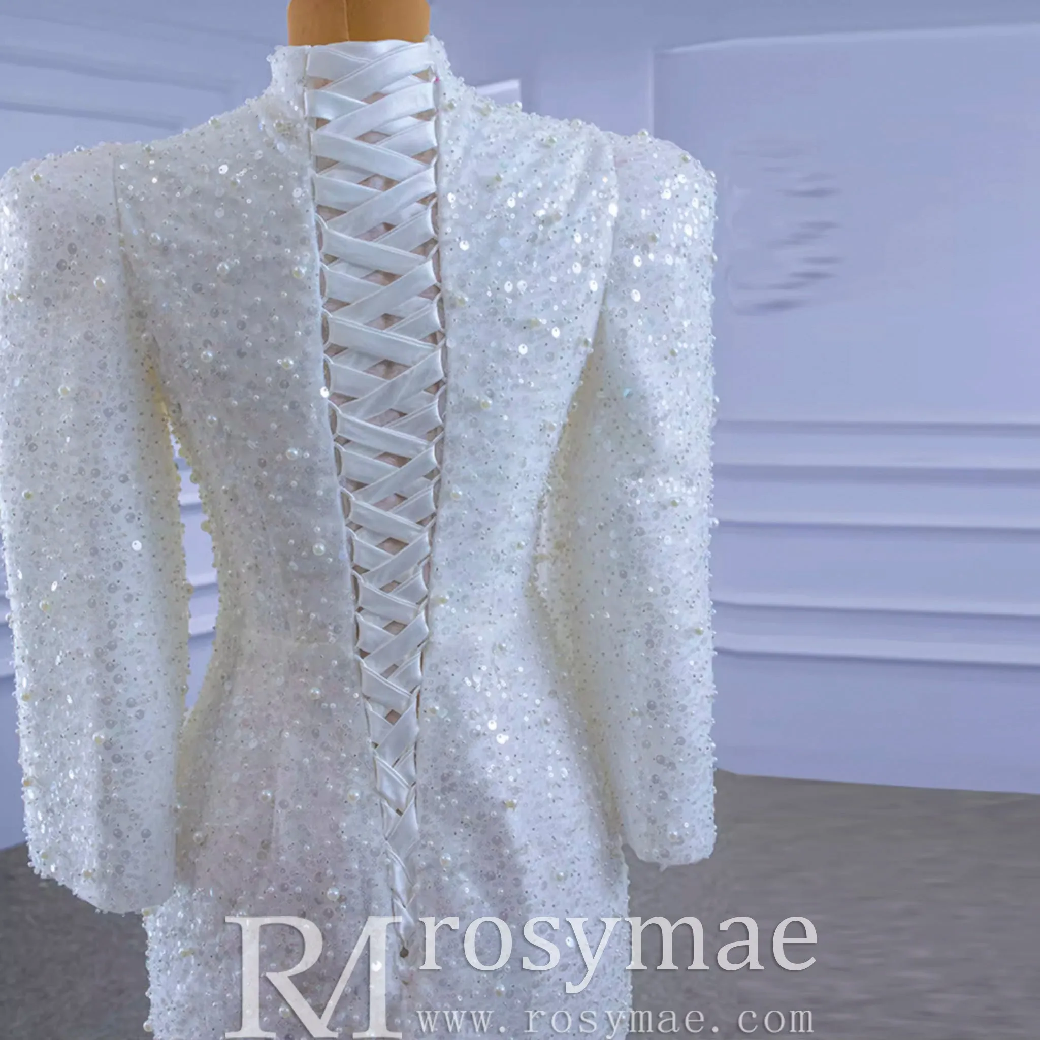 Beaded High Neck Sheath Wedding Dress with Long Sleeves