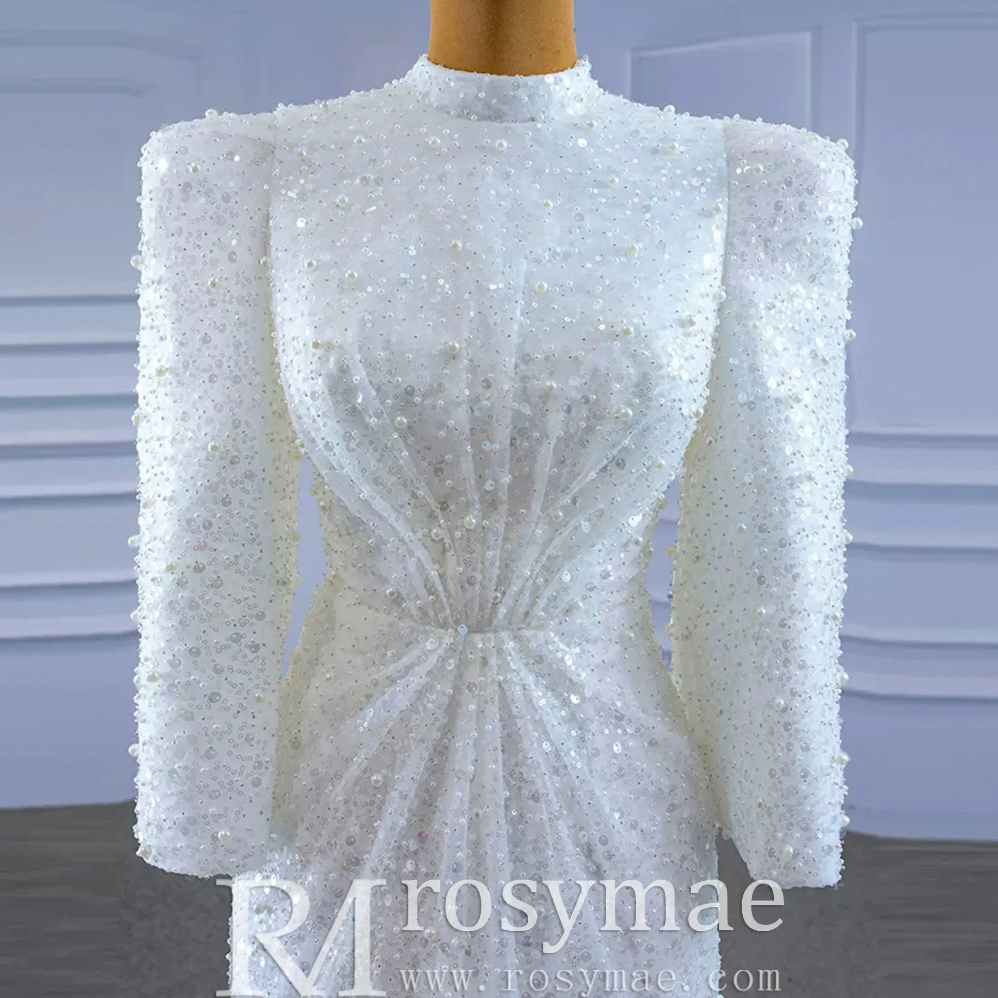 Beaded High Neck Sheath Wedding Dress with Long Sleeves