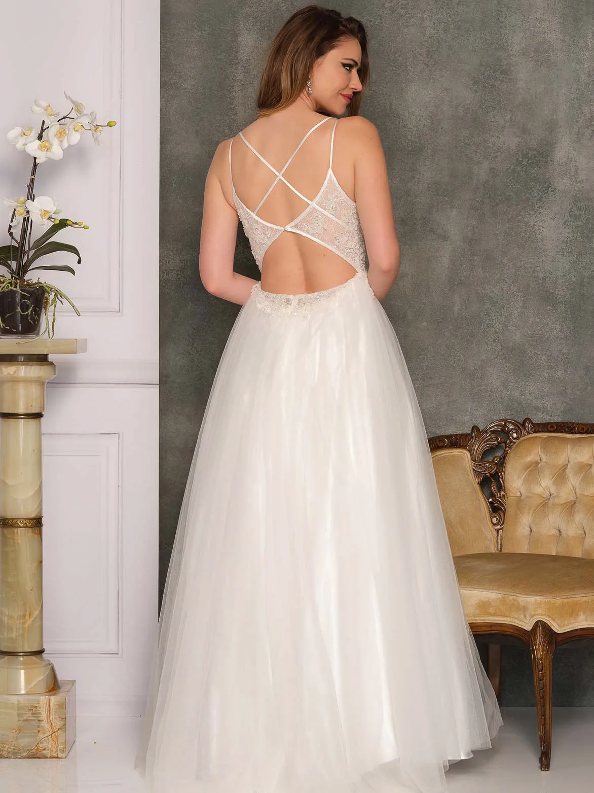 BEADED LACE WEDDING DRESS WITH CUT OUT BACK