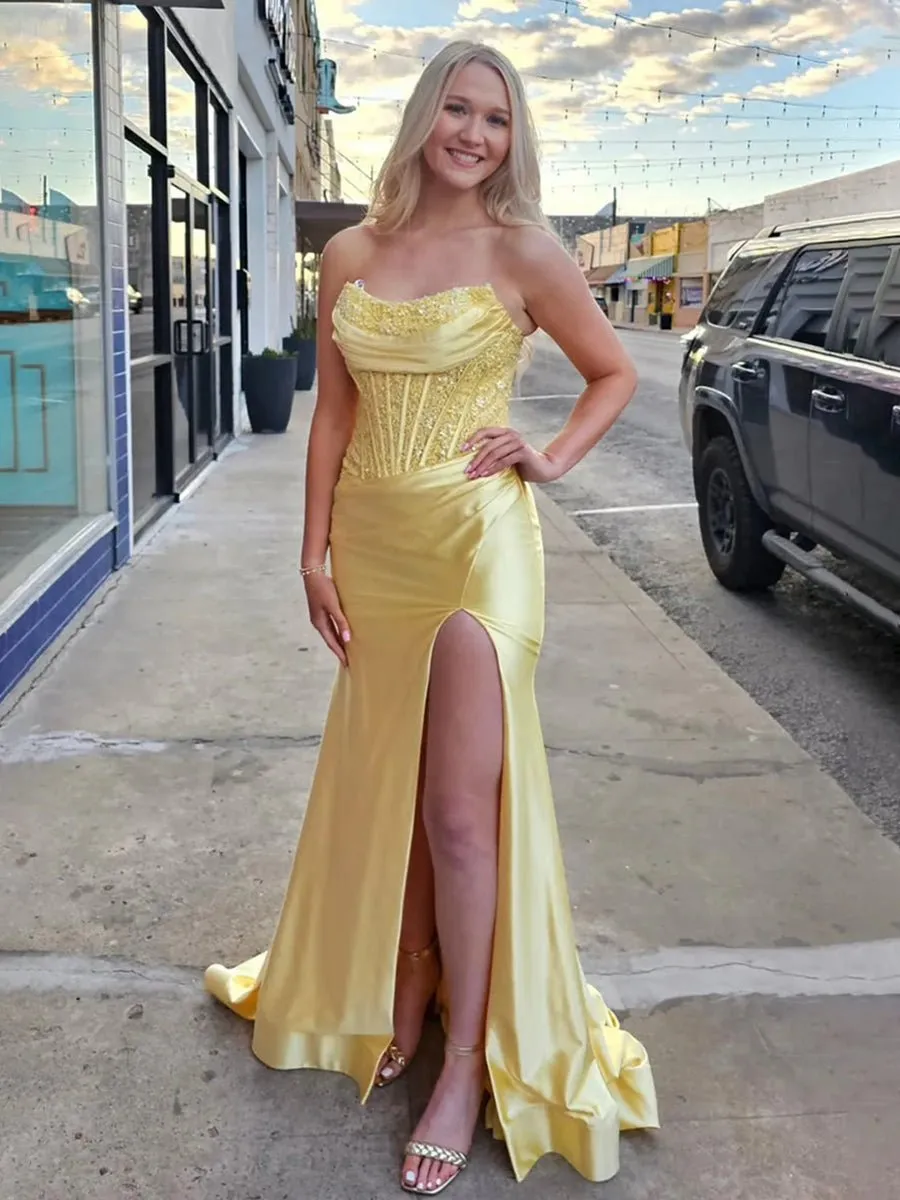 Beaded Strapless Applique Formal Dresses with Slit