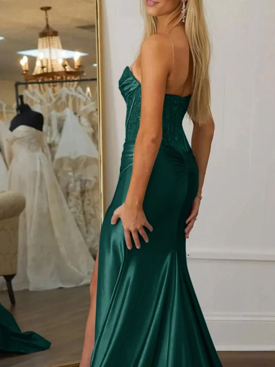 Beaded Strapless Applique Formal Dresses with Slit