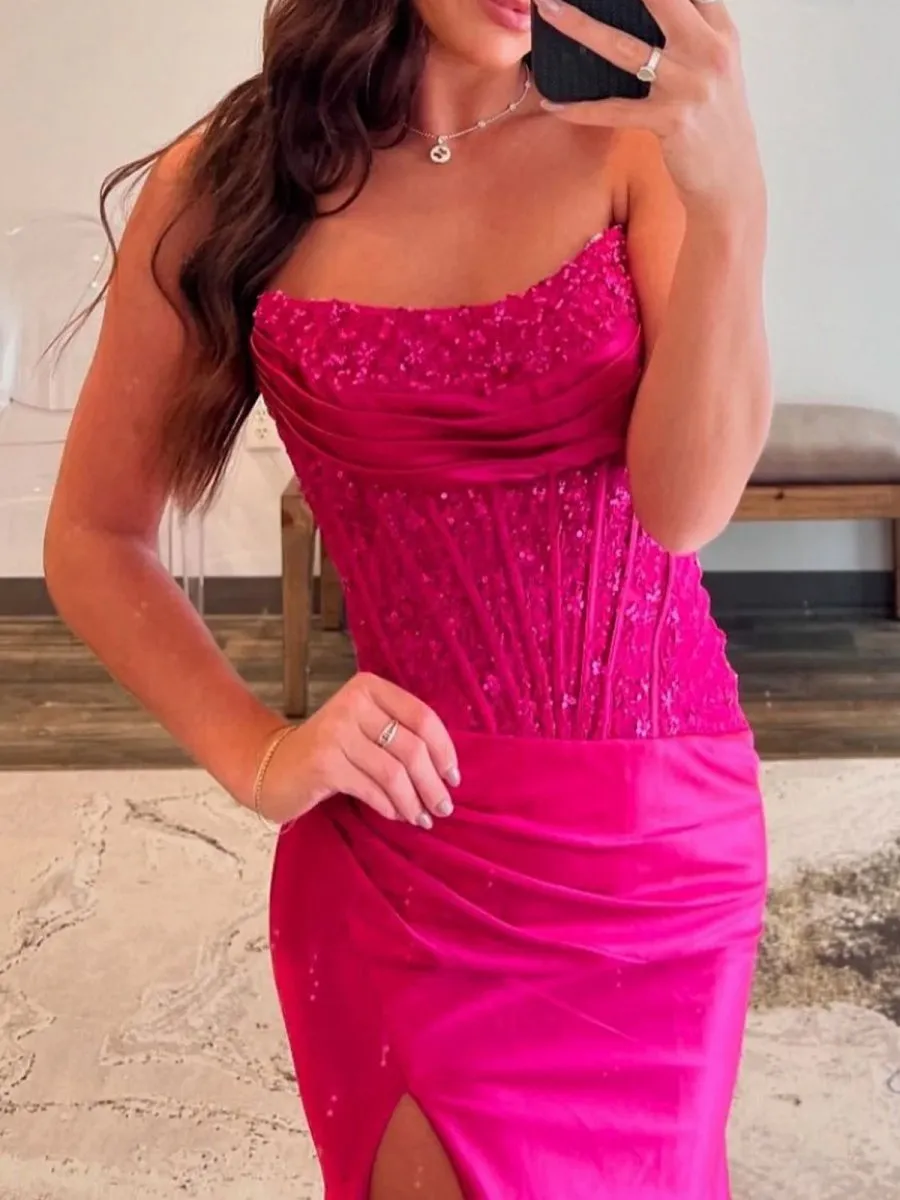 Beaded Strapless Applique Formal Dresses with Slit